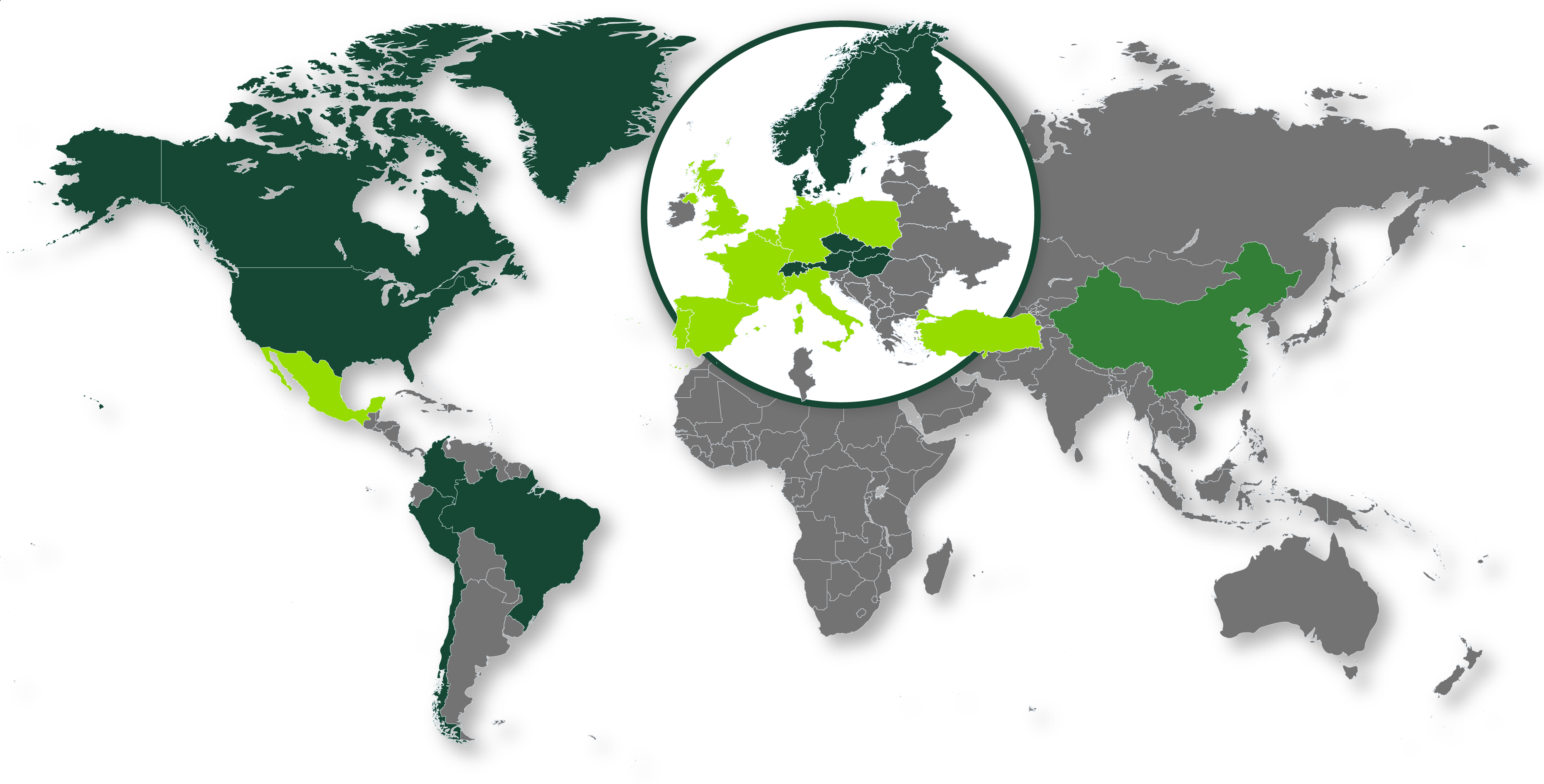 Carte du monde montrant les pays où BNP Paribas Personal Finance est présent, colorés selon le type de services proposés. La liste des pays par catégorie figure ci-dessous.