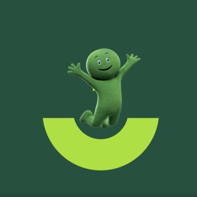 Image d'illustration de la Mascotte Cetelem au dessus d'un trait vert clair en forme de sourire, pour présenter le nouveau Brandbook Cetelem